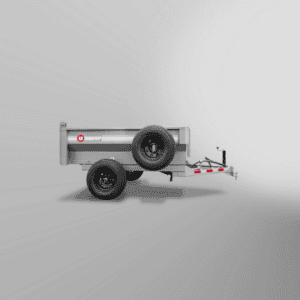 Small, gray Turf-Series Dump Trailer featuring two wheels, a hitch, and the WHIP logo on its side, set against a plain background.