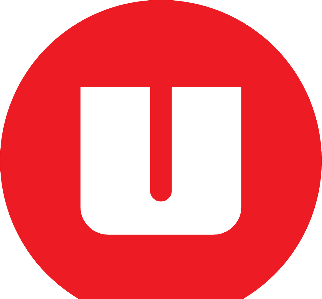 Logo with a bold red circle background and a white stylized "U" shape in the center.