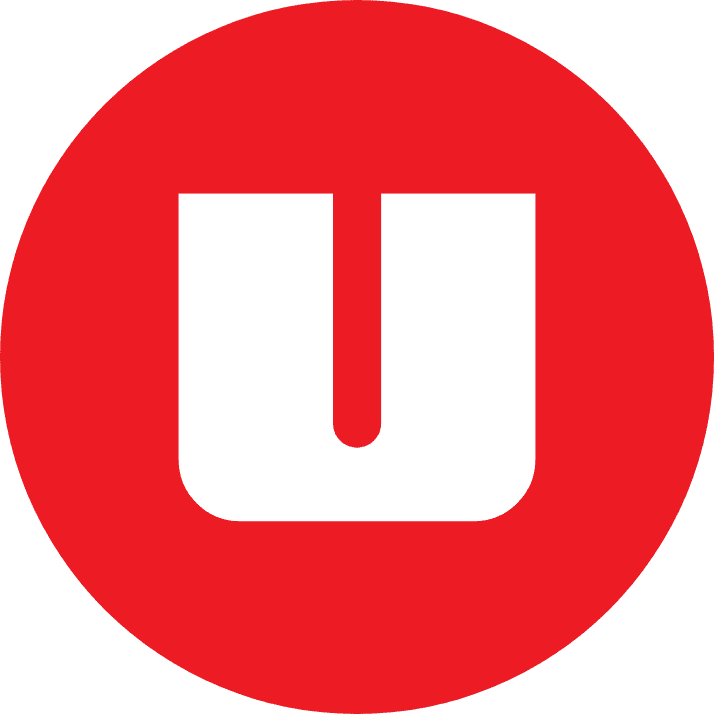 A bold white uppercase "U" is centered on a solid red circular background.