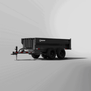 The Turf-Series Dump Trailer, in black with a twin-axle and tongued hitch, is shown against a plain white background.