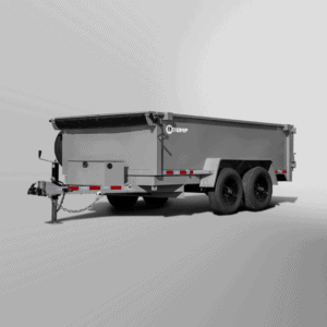 A Pro-Lite Low-Profile Dump Trailer, featuring a gray build with a black tarp cover, dual wheels, and a hitch, is showcased in a studio setting against a plain background.