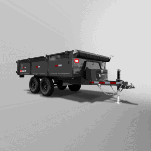 Pro-Heavy Low-Profile Dump Trailer featuring dual axles, towing hitch, and side rails against a gray background.