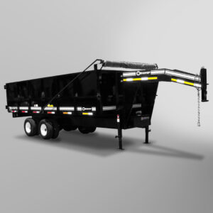 A Tandem-Dual Gooseneck Dump Trailer with two axles and reflective side strips on a plain light gray background.