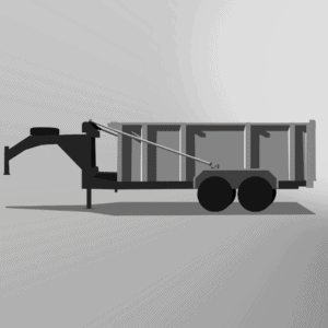 A monochrome, minimalist animation showcases the Pro-Heavy Gooseneck Dump Trailer's mechanical legs extending and retracting, lifting and lowering its container.