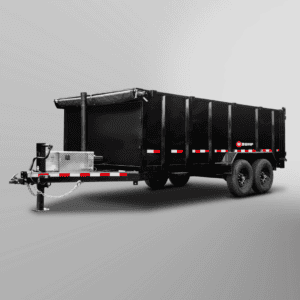 Pro-Heavy Low-Profile Dump Trailer featuring dual axles, red and white reflective stripes, and a front hitch is set against a plain gray background.