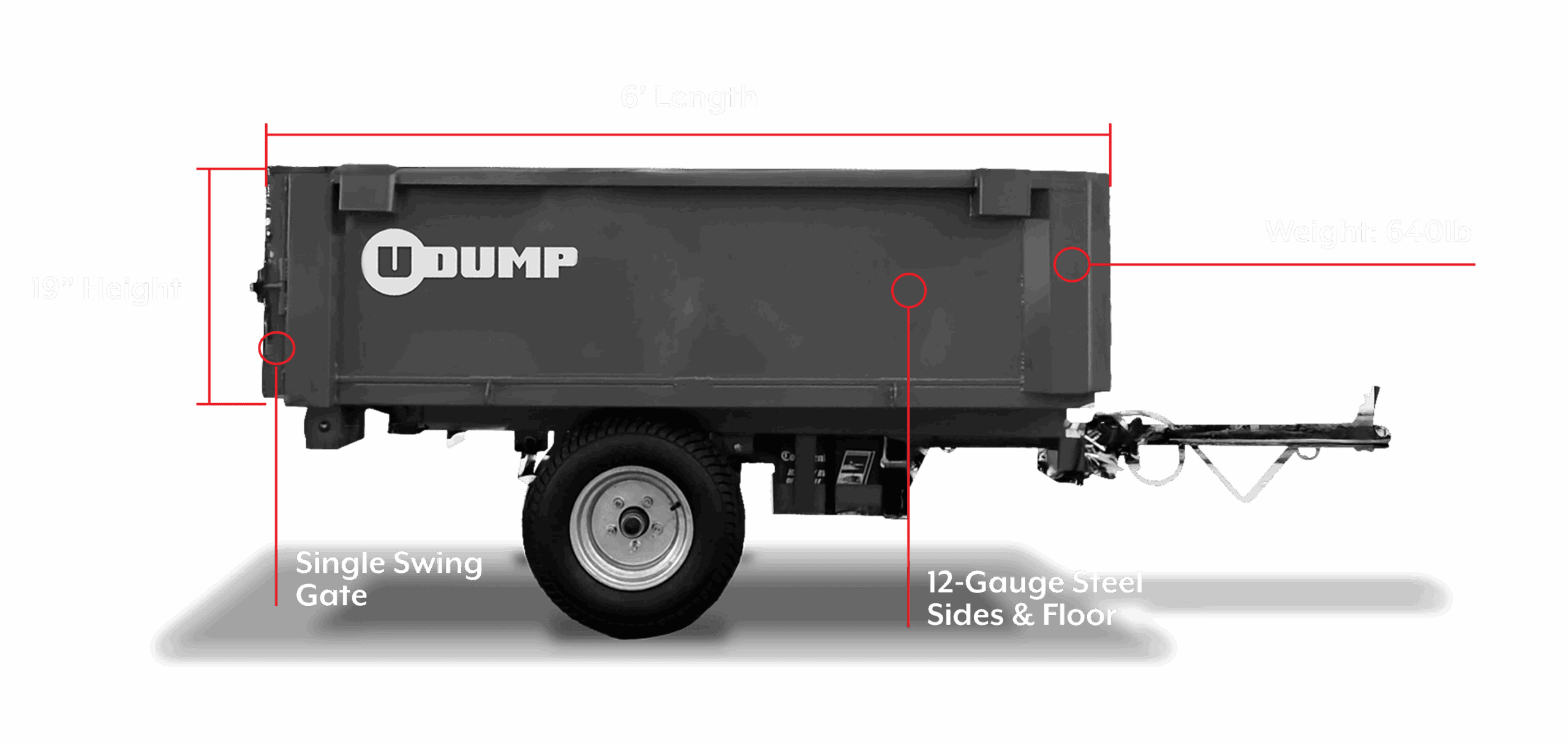 Side view of the Gooseneck Roll-Off Dump Trailer with labeled features: 6' length, 19" height, single swing gate, 12-gauge steel sides and floor, total weight 640 lb.