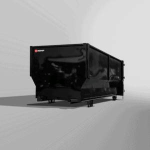 A Roll-Off Container, large and black with closed metal sides, sits on a flat surface. It serves as storage for waste or materials and features a logo and text in the top left corner.