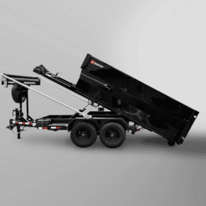 Bumper-Pull Roll-Off Dump Trailer featuring dual wheels and an elevated bed on a gray background.