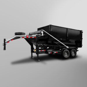 The Gooseneck Roll-Off Dump Trailer, featuring a black dual-axle design with a raised bed and gooseneck hitch, is displayed against a plain gray background.