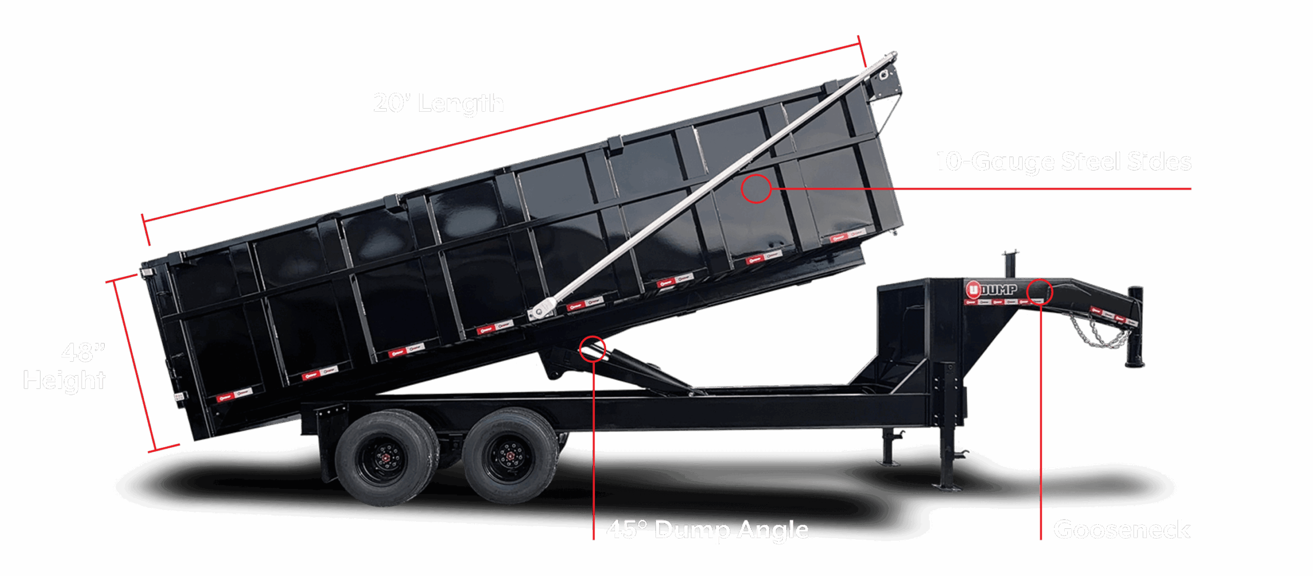 A Gooseneck Roll-Off Dump Trailer in black with an extended tip.