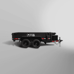 Black dual-axle Rebel Dump Trailer utility trailer with "Rebel" branding, side rails, and a front hitch, set against a plain light-gray background.