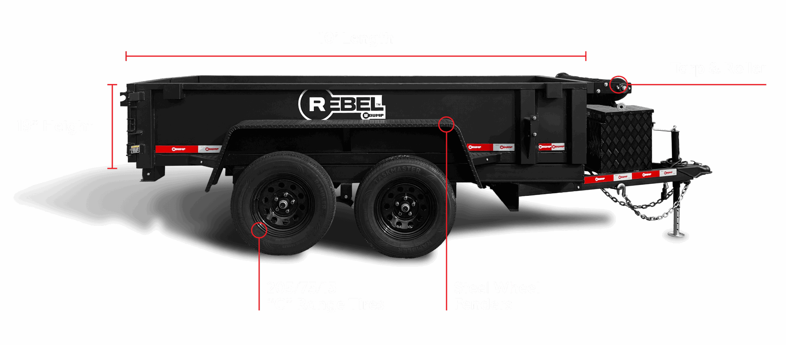 Side view of a black Rebel Dump Trailer with labeled features: 10’ length, 19” height, tarp and roller, 205/75/15 “C” range tires, and steel wheel fenders.