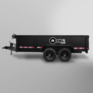 The Rebel Dump Trailer, a black dual-axle model with "Rebel" branding, is ideal for any Weekend Rebel. Displayed against a plain light gray background.