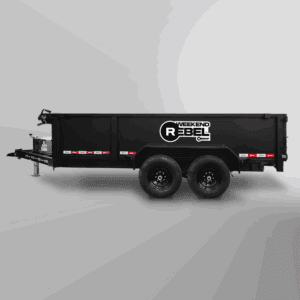 The Weekend Rebel Dump Trailer, a black tandem axle model featuring its logo on the side, is displayed against a plain light gray background.