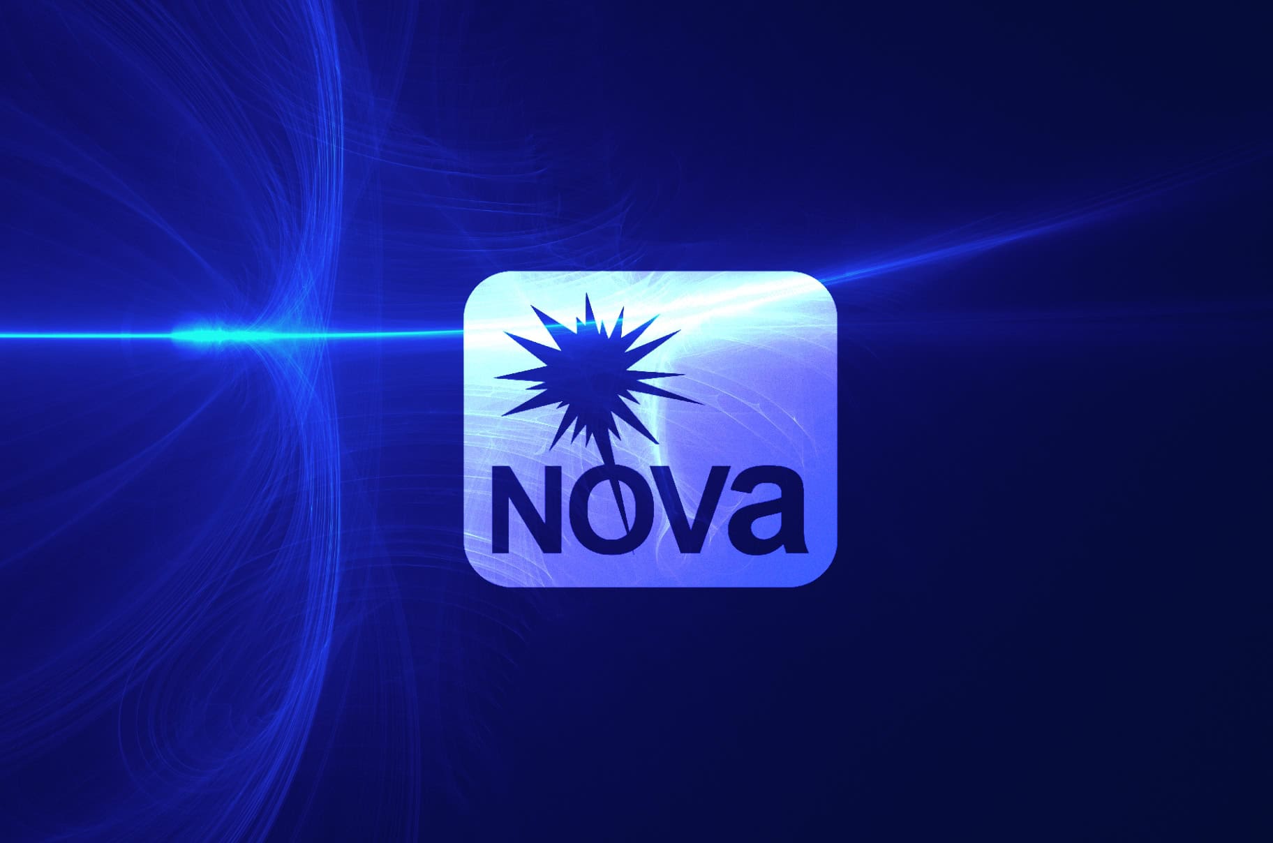 A blue background with light streaks features a white square containing a starburst graphic above the word "Nova" in bold, dark lettering.