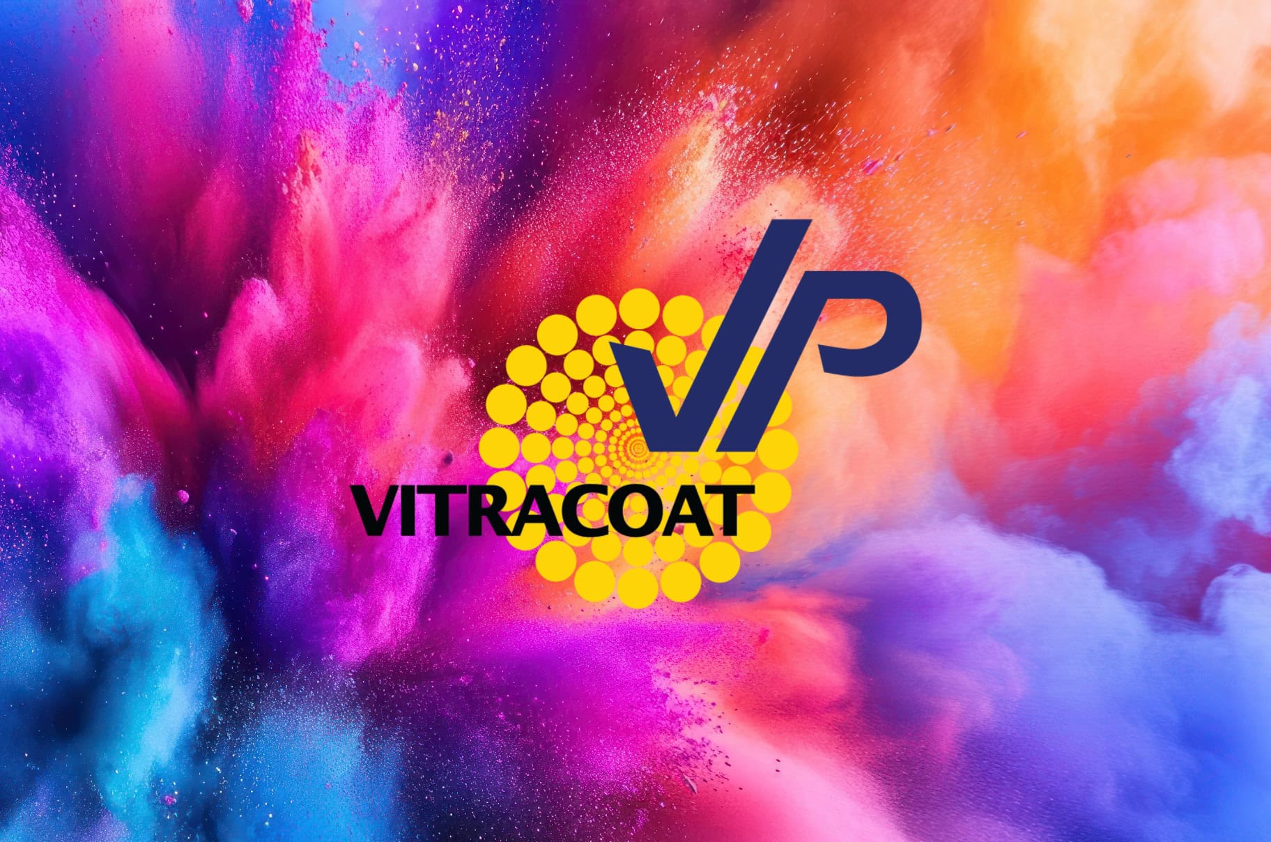 Vitracoat logo with a yellow dotted circle and blue letters on a vibrant, multicolored powder explosion background.