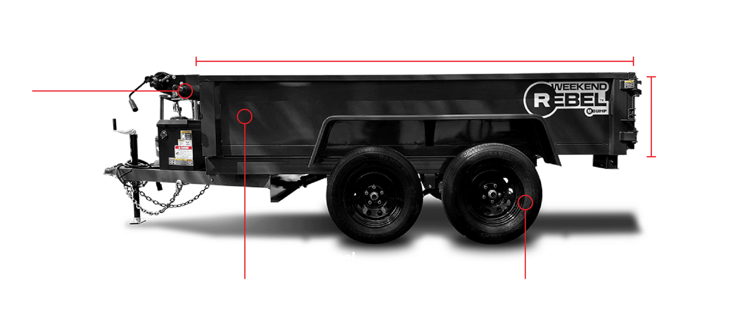 Side view of a black Rebel Dump Trailer with labeled features: tarp & roller, 6' length, 15" height, 12-gauge steel sides and floor, and E-rated tires.