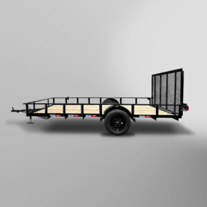 Utility Trailer with black metal frame, single axle, wooden floor, and rear mesh ramp on a plain light gray background.