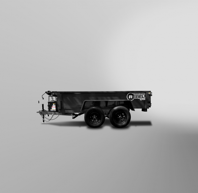 A black tandem axle utility trailer with "Rebel" branding, parked on a plain, light gray background.