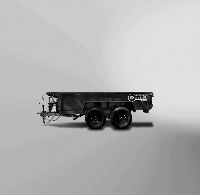 A black tandem axle utility trailer with "Rebel" branding, parked on a plain, light gray background.