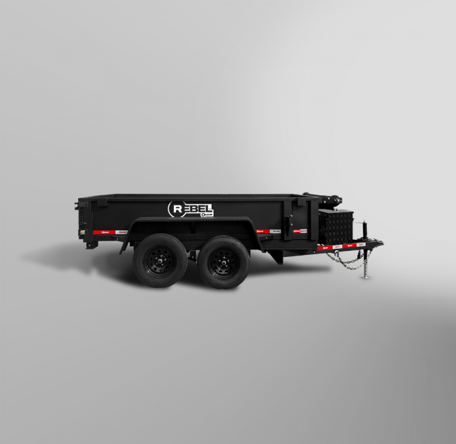 Black dual-axle Rebel Dump Trailer utility trailer with "Rebel" branding, side rails, and a front hitch, set against a plain light-gray background.