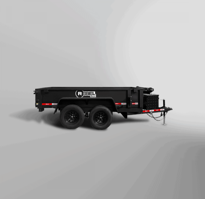 Black dual-axle Rebel Dump Trailer utility trailer with "Rebel" branding, side rails, and a front hitch, set against a plain light-gray background.