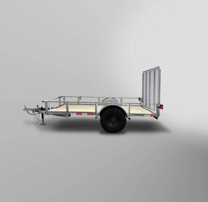 The Utility Trailer features a single axle, metal frame, wooden deck, black wheel, and a rear loading ramp, and is displayed against a plain gray background.