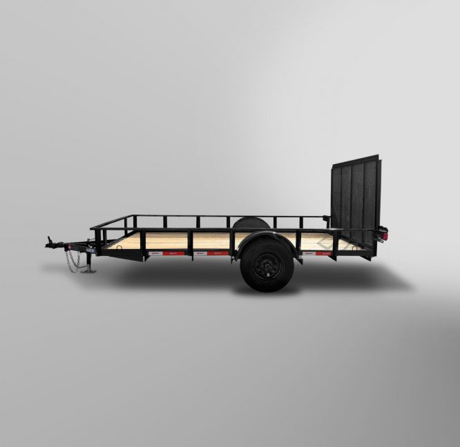 A Utility Trailer with a black frame, wooden floor, single axle, and rear ramp is displayed on a plain light gray background.