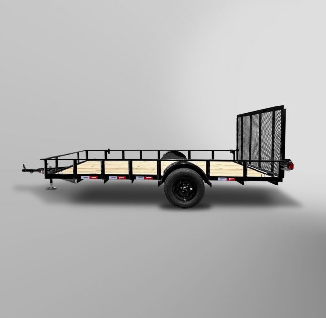 Utility Trailer with black metal frame, single axle, wooden floor, and rear mesh ramp on a plain light gray background.