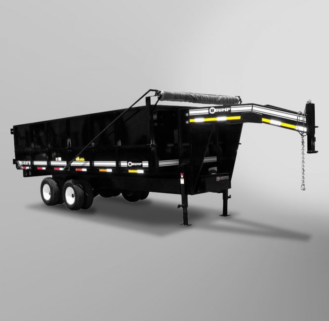 A Tandem-Dual Gooseneck Dump Trailer with two axles and reflective side strips on a plain light gray background.