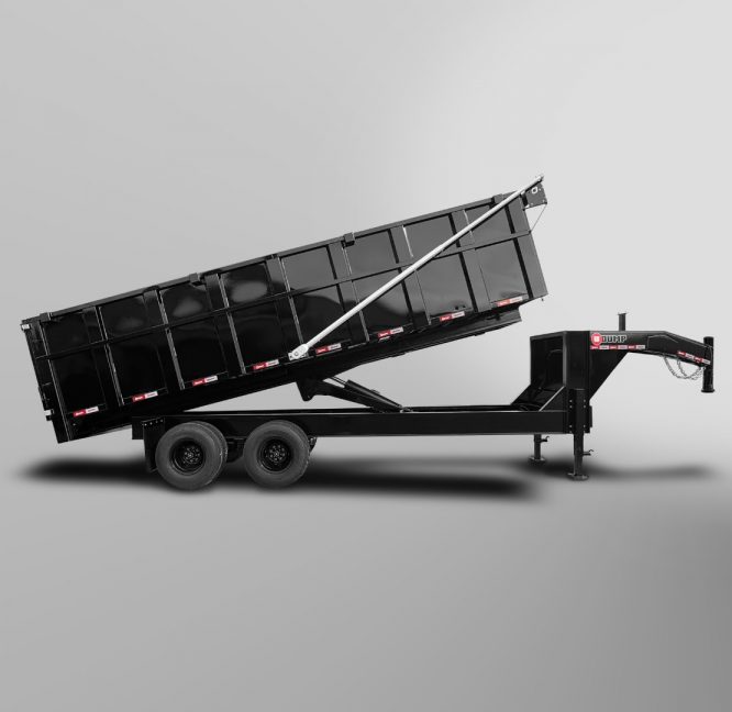 A Tandem-Dual Gooseneck Dump Trailer with a raised black bed, dual axles, and a support leg is shown against a plain gray background.