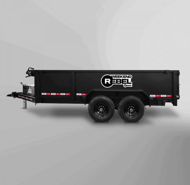 The Weekend Rebel Dump Trailer, a black tandem axle model featuring its logo on the side, is displayed against a plain light gray background.